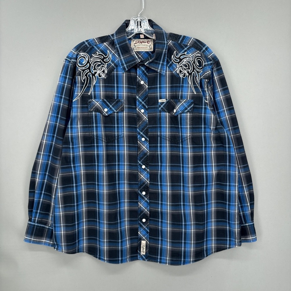 Rafter‎ C Shirt Mens 2XL Blue Plaid Western Snap Cross Embroidered Long Sleeve